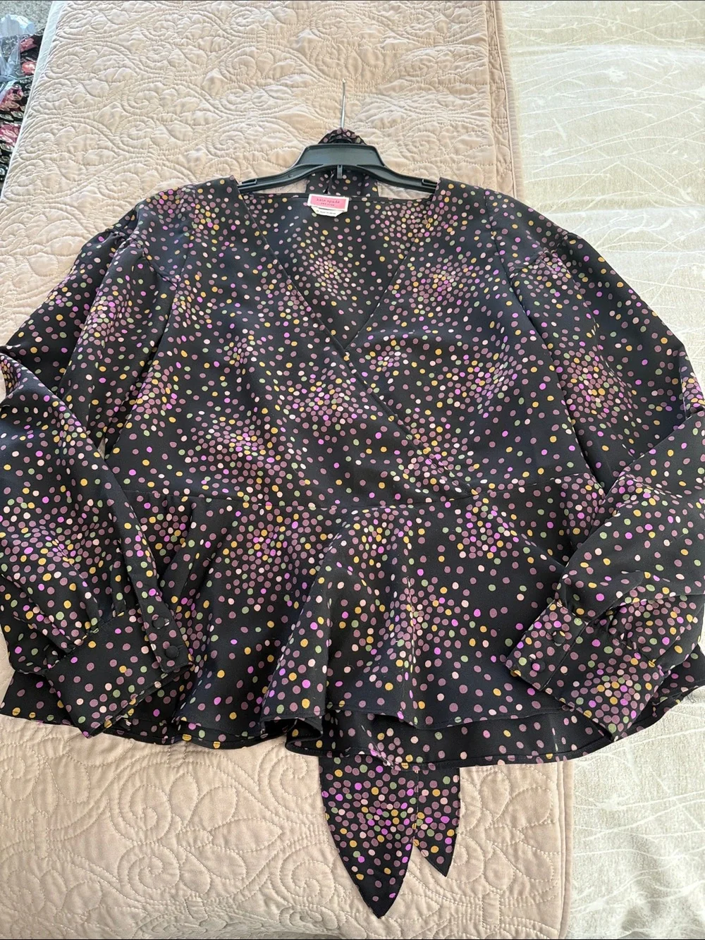 kate spade Disco Dot Wrap top Black Multicolor Dot V-Neck Peplum w/belt